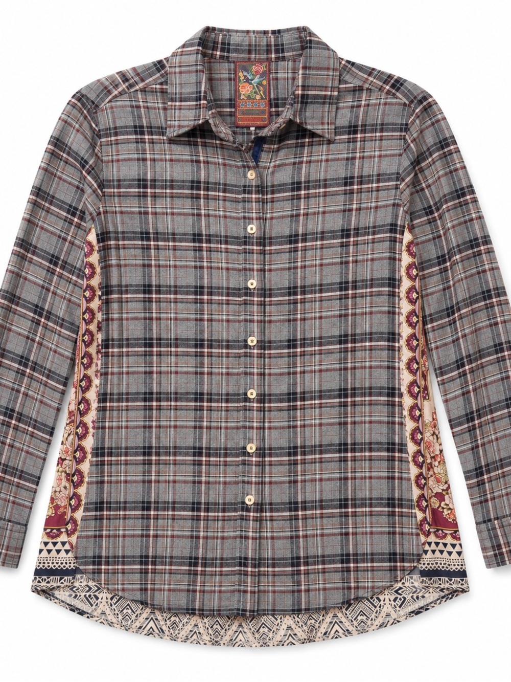 Johnny Was Plaid Button Down Shirt Floral Paisley Back Panel Boho Size S